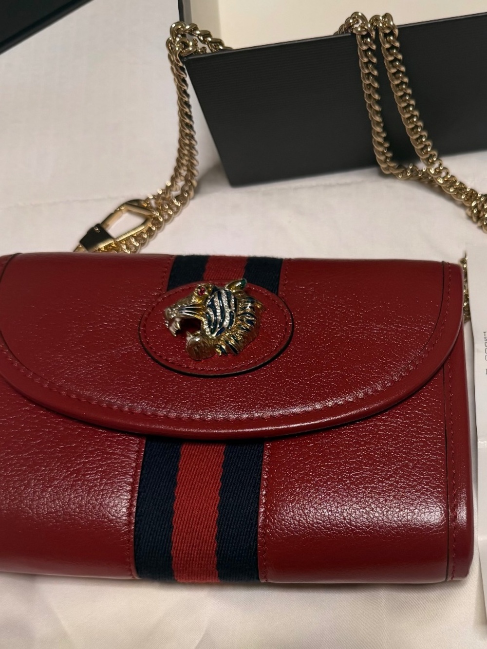 Gucci Rajah Red Leather Web Stripe Tiger
Head Chain Shoulder Bag